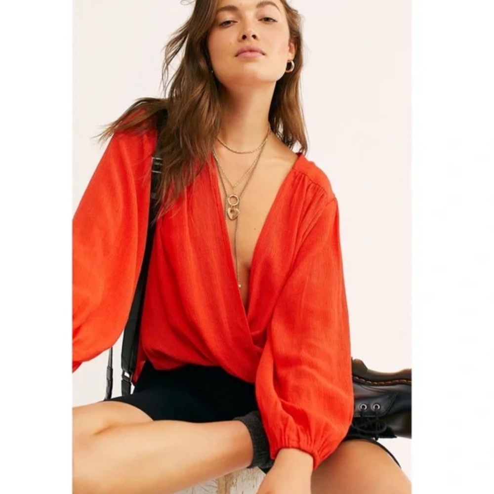 J6 Free People Check On It Deep V-Neck Open Front Wrap Top in Flame Hot Red